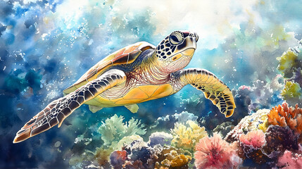 Fototapeta premium Vibrant underwater scene showcasing a sea turtle amidst a coral reef.