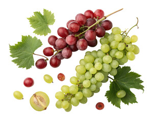 Obraz premium Still life of grape bunches: a mix of green and red grapes with leaves, some loose berries, and a halved grape with a seed, on a transparent background