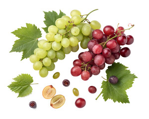 Obraz premium Still life of grape bunches: a mix of green and red grapes with leaves, some loose berries, and halved berries, on a transparent background