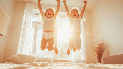 Two Cheerful Sisters Jumping on Bed in Bright Bedroom Sunlight Joy and Fun