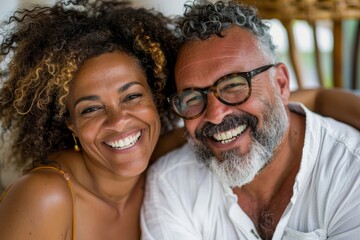 Portrait of a joyful mixed race couple in their 40s celebrating anniversary