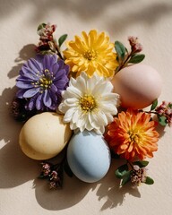 Pastel Eggs and Vibrant Flowers Easter Still Life