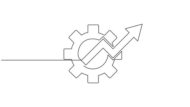 Self drawing line animation Productivity bar chart with gear continuous one single line drawn, Graph going up with an arrow continuous one single line drawn concept 4k animation video.