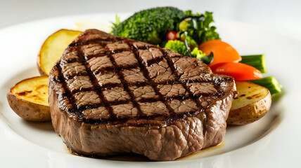 A high-resolution studio photograph of a perfectly grilled beef steak with grill marks, served with 