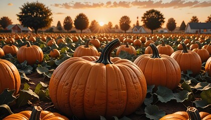 big Pumpkin in a pumpkin patch at sunrise, halloween wallpaper, autumn background, thanksgiving feeling	