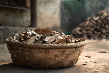 Woven brown basket filled with dried foliage high resolution picture