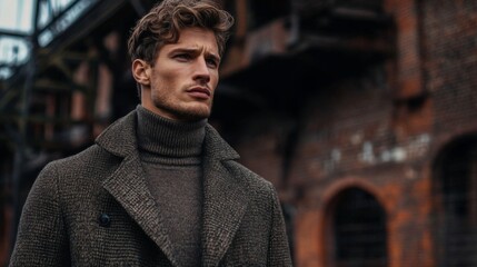 Obraz premium Fashionable Man in Tweed Overcoat Against Brick Background With Soft Lighting