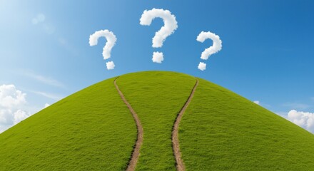 Question Mark Clouds Over Diverging Paths on Lush Green Hill
