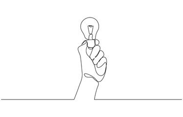 One line drawing of Hand holding a light bulb. Symbol of creativity and invention, Hands with bulb light continuous one line symbol drawing. Energy, idea, creative concept icon in simple style.
