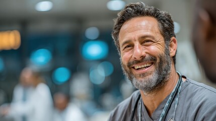 Smiling Middle Aged Doctor in Gray Scrubs