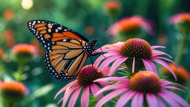 A stunning monarch butterfly resting on a colorful purple coneflower, drinking nectar in a sun-drenched garden.