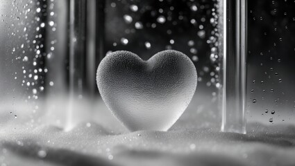 Drawing on the foggy glass of an exclamation mark with a heart instead of a dot, black and white photo