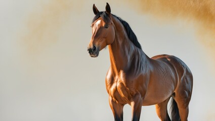 Fototapeta premium A bay horse standing alone against a white background.