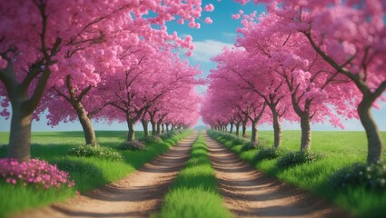 Fototapeta premium Scenic garden of flowering peach trees in early spring with smooth rows and a winding road.
