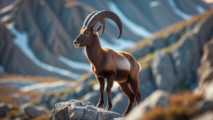 Alpine ibex (Capra ibex) displays its strength while standing on a winter alpine grassland with mountains in the backdrop, Italian Alps