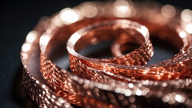 Close-up of copper scrap material showing swirling textures, an expensive resource ready for recycling and industrial use. Circular economy concept.