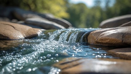 Close-up of crystal-clear water moving over smooth rocks in a peaceful natural environment. Ideal for depicting serenity, fresh water, and the intricate beauty of nature.