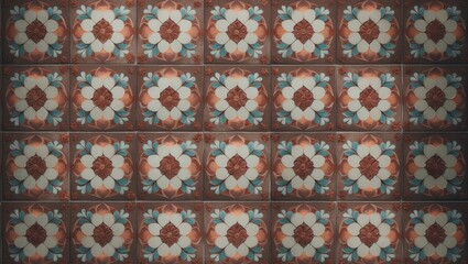 Floral, vintage, seamless pattern for classical floor tiles featuring yellow ground and a combination of red and gray colors with Mediterranean-style designs, Portuguese ceramic tiles.