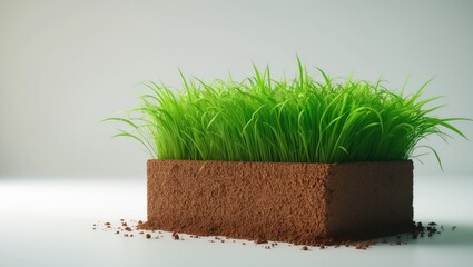 3D cubical grassland with soil geology cross section, 3D illustration of ground ecology isolated on white background