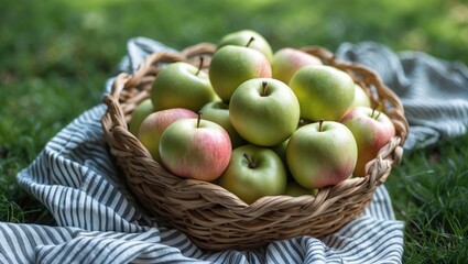 A basket containing ripe, pinkish-green apples sits on a vibrant green lawn, partly draped with a striped cloth.