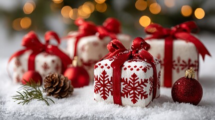 Obraz premium Snowy presents pinecone ornaments and holiday glow