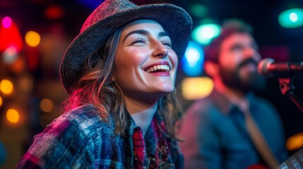 Smiling Woman in Hat Performing on Stage with Guitar Player in Blue Light
