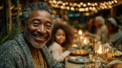 Smiling Senior Man at a Warmly Lit Family Dinner