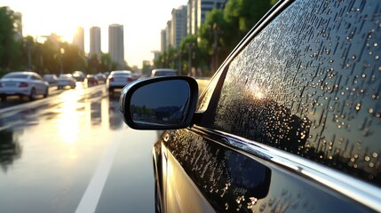 Close-up of a wet car side mirror reflecting sunlight on a rainy city street