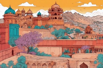 Vibrant sunset over a historic fort with colorful architecture in Rajasthan, India