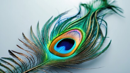 Obraz premium Vivid peacock feather displayed on a white background with an area for writing.