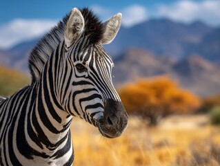 Naklejka premium Striped zebra gazes in African savanna