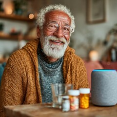 Smiling Senior Man with Medication and Smart Speaker at Home