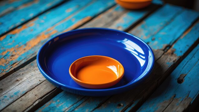 Colorful blue and orange background featuring empty plates, a napkin, and a sat shaker on a wooden table. Top view, ample copy space. - Powered by Adobe