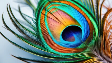 Obraz premium Colored peacock feather on white background, symbolizing carnival.