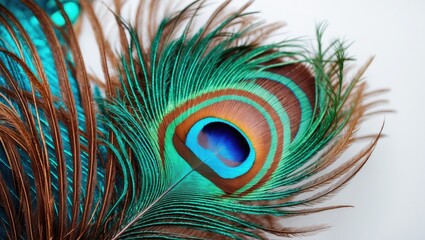 Fototapeta premium Vivid peacock feathers in COLOR on a WHITE background