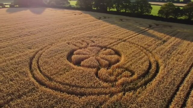 Aerial view stunning crop circle wheat field design