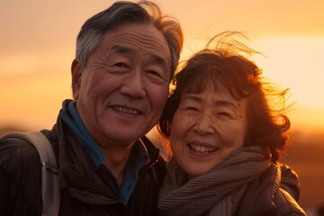 Portrait of a cheerful asian couple in their 40s watching the sunrise