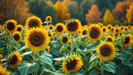 Obraz premium Vibrant sunflowers in an Autumn field located in Manalapan, New Jersey.