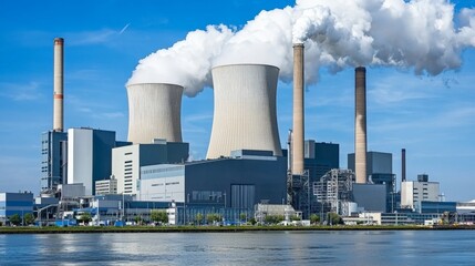Obraz premium Industrial power plant with cooling towers emitting smoke against a blue sky