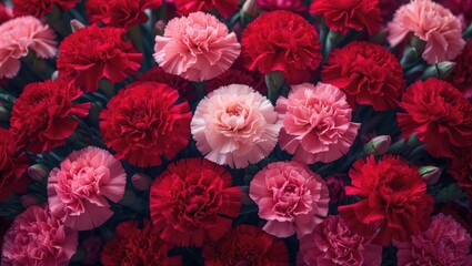 Obraz premium Beautiful red carnation flowers background with red and pink flowers, viewed from above.