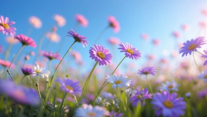 Beautiful Purple Daisy Flowers over Clear Sky Background. Tender Wildflowers Field. Flowers. Nature's Beauty and Freshness.