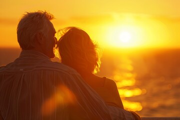 Portrait of a happy caucasian couple in their 40s watching the sunset