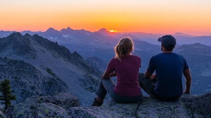 Couple Watching Sunset Over Mountain Range