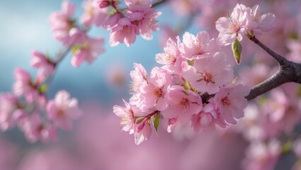 Beautiful pink blossoms on a peach tree in the garden landscape.
