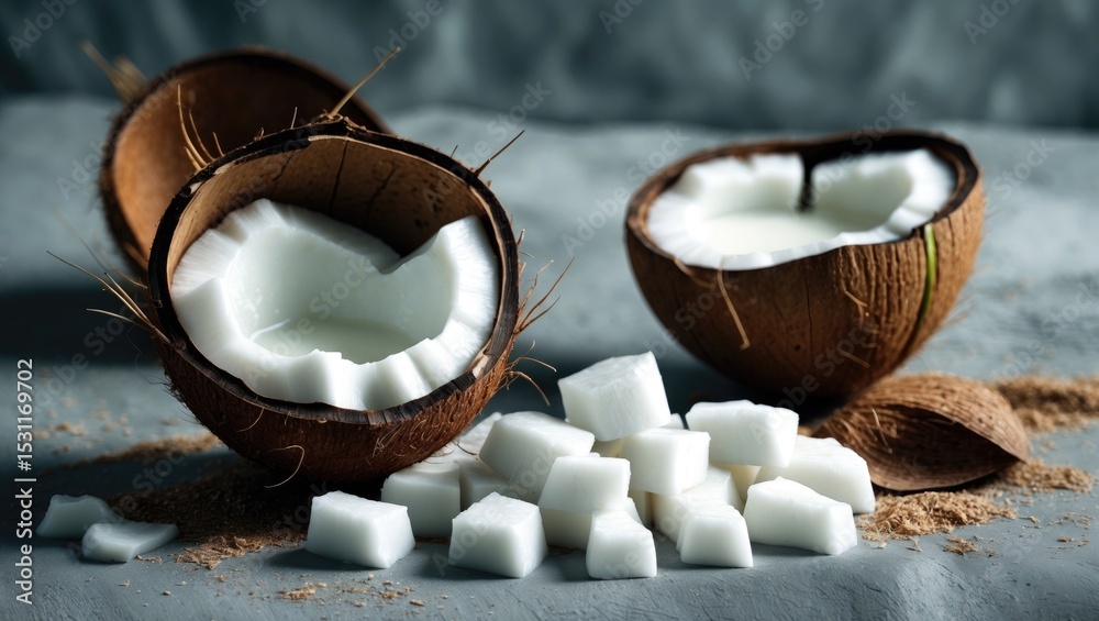 Poster coconut milk contained within a coconut shell and chopped flesh displayed on a grey background.