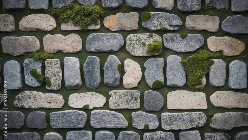 Poster Cobblestone path with stones placed irregularly and green moss between the joints, highlighting texture and natural ambiance.