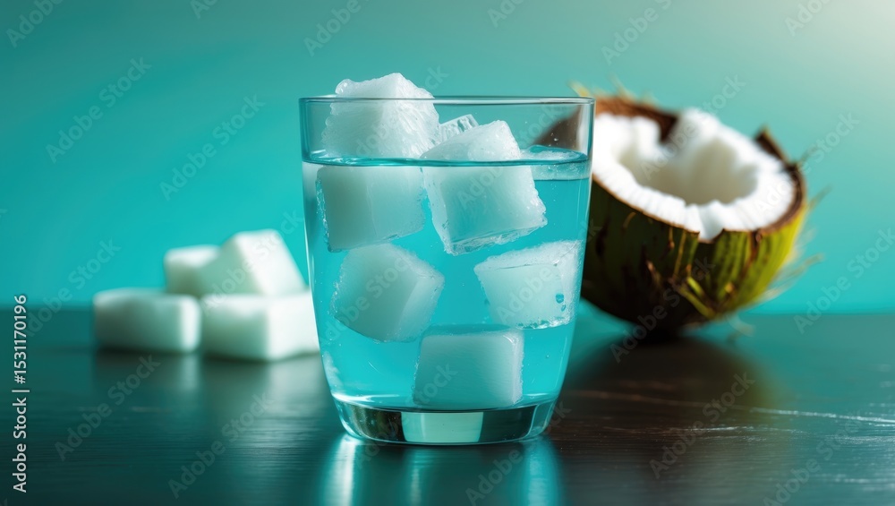 Poster a glass of coconut water resting on the table with a blurred background.