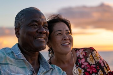 Portrait of a grinning multicultural couple in their 40s watching the sunset