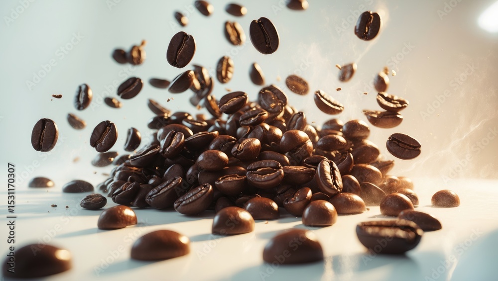 Poster coffee beans in the air isolated on a white background with no other elements present.