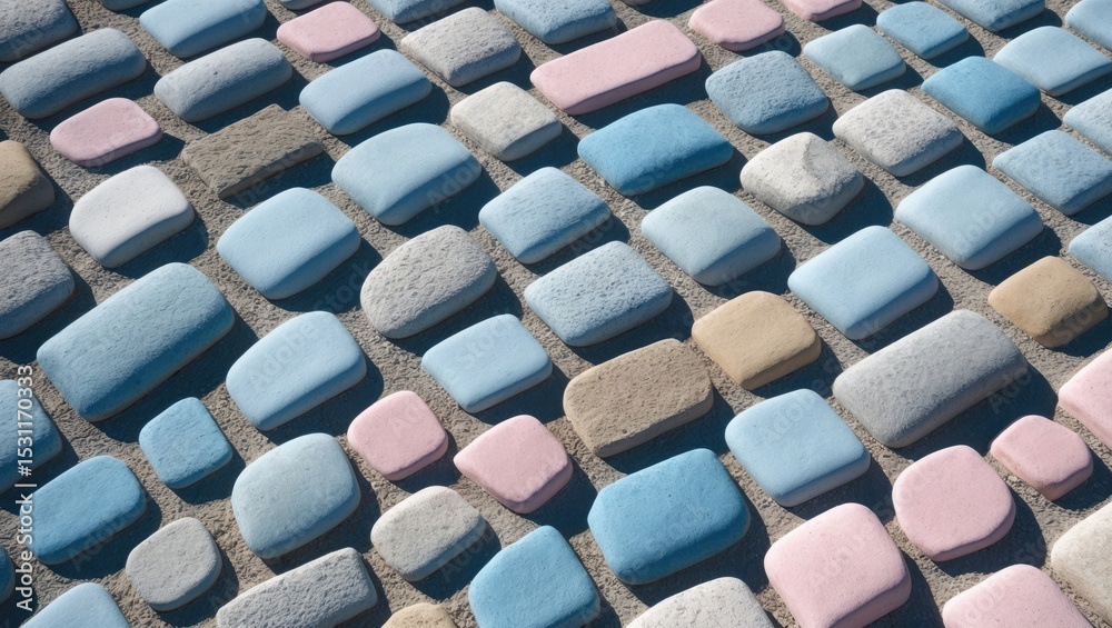 Poster cobblestone pathway featuring soft pastel colors within an urban environment.